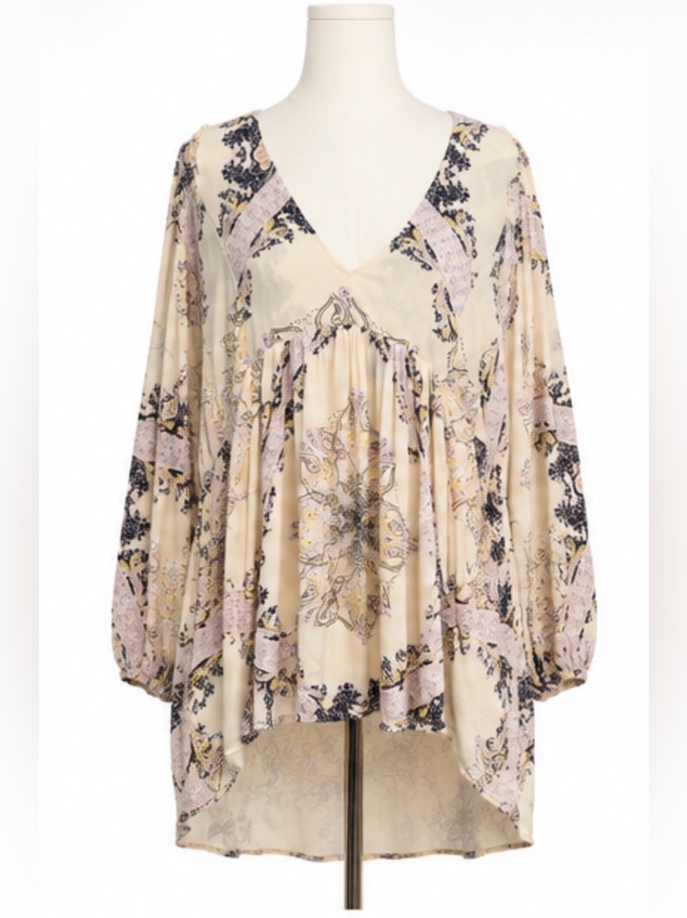 Free People Cream Paisley Boho Tunic Dress/Long Top Size Medium